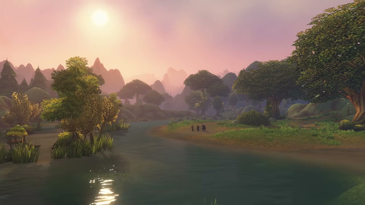 A sunlit river and wooded valley in the official WoW Forever gameplay reveal